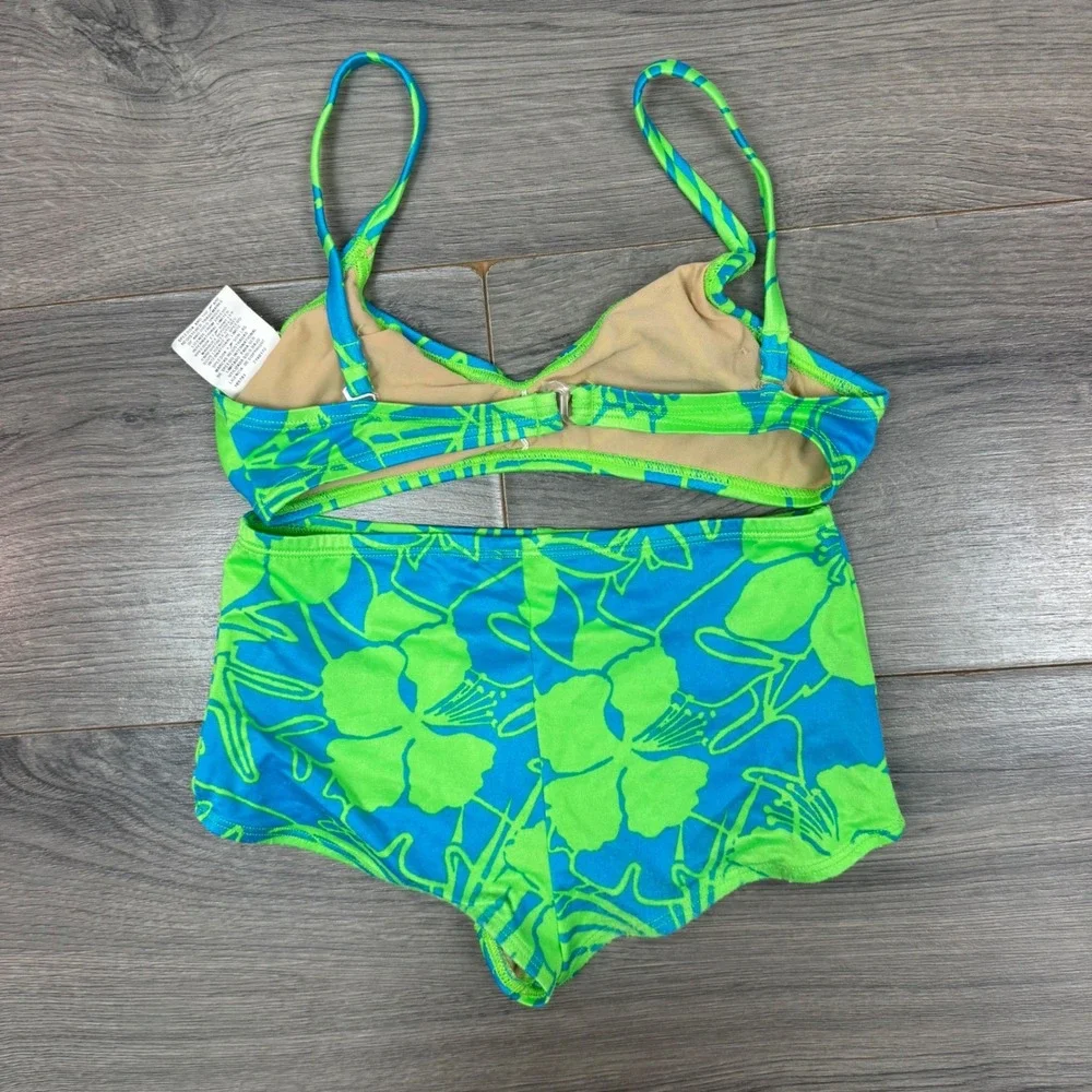 Speedo Girls 3 Piece Y2K Swim Set Bikini Rashguard Cover Up Floral Blue Green 12